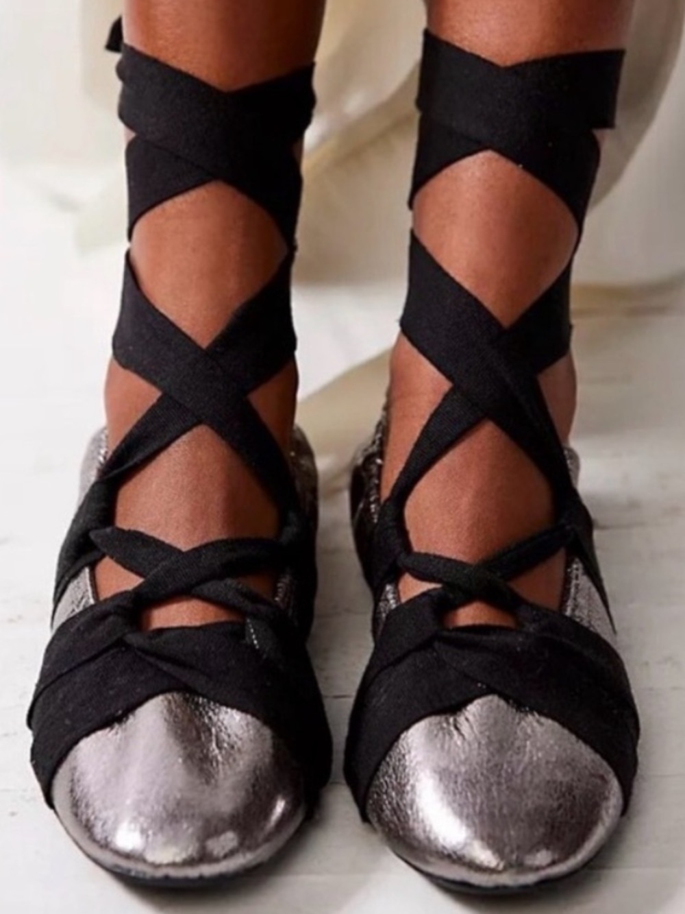 Free People Metallic Silver Ballet Wrap Flats with Black Ribbons. NWOT